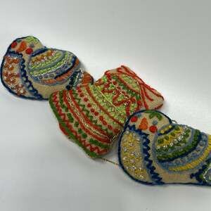 Set 3 Vintage Burlap Crewel Christmas Ornaments Birds Bell Handmade Retro 1970s